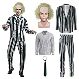 OPAEHJF Halloween Horror Kostüm für Herren,Schwarz-weiß Gestreifter Anzug mit Perücke Halloween...