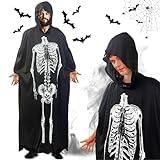 Skelett Kostüm mit Kapuze, Sensenmann Kostüm Halloween, Umhang Schwarz Herren und Damen,...