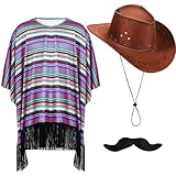 Hestya 3 Stück Mexikaner Kostüm Set Herren Mexikanischer Poncho mit Fransen Cowboy Hut Wildleder...
