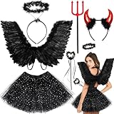 iZoeL Teufel Kostüm schwarz Engel kostüm Damen Mädchen, Engelsflügel Tutu Rock Teufelshörner...