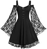 LATH.PIN Gotisches Kleid Damen Spitzen TrompetenÄrmel Patchwork Trägerkleid Vintage Abendkleid...