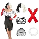 MIVAIUN 6 Stück Cruella Kostüm Damen Halloween Kostüm Damen Set 70er Jahre Accessoires Perücke...