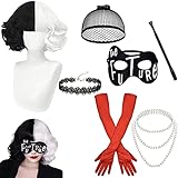 HIQE-FL Cruella Kostüm Damen,Halloween Kostüm Damen,70er Jahre Accessoires,Kurz Schwarz Weiß...