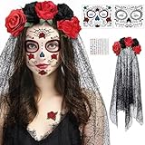 Karneval Haarreif und Schleier Gesichtstattoo, Dia de los Muertos Mexikanische Stirnband Schwarz Rot...
