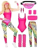 BIQIQI 80er Jahre Outfit Damen Set Retro Trainingsanzug Kostüm 80s 90s Kleidung Kostüm Accessoires...