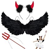 Teufel kostüm, Teufel Flügel Damen, Engel Flügel Schwarz Teufelshörner Teufelgabel, Halloween...
