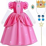 5 Stück Prinzessin Peach Kostüm, Pfirsich Mädchen Kleider Glanz Kinder Karneval Party Halloween...