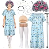 Oma Kostüm Alte Frau Damen Set mit Kittelschürze Oma Kleid Perücke Grau Halsketten Brille 8...