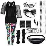 80er 90er Jahre Outfit Damen 20 Stück 80iger Retro Kostüm Off Shoulder Netzshirt Frauen mit...