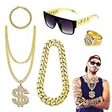 CEWROM Hip Hop Kostüm Set, 5 Stück 80er Jahre Outfit Herren Gangster Schmuck 80/90er Rapper...