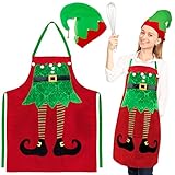 BETESSIN Weihnachtsschürze Rot Weihnachten Elfen Schürze mit Elfenmütze Polyester Kochschürze...