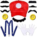 BITOWO Mario kostüm Kinder Erwachsene Accessoires mit Mario Mütze Schnurrbart Handschuhen Knöpfen...