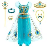 Latocos 9Pcs Mädchen Prinzessin Jasmin Kleid Kostüme mit Krone Halskette Zauberstab Ohrringe Ringe...