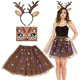 Rentier Kostüm Damen, Cosplay Kostüm Set für Halloween Fasching, Rentier Haarreif LED tüllrock,...
