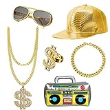 UBERMing Hip Hop Kostüm 6er Set Enthält Aufblasbare Radio Boombox Golden Baseball Cap...
