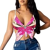SamHeng Bauchtanz Crop Top für Frauen, Schmetterling Pailletten Halter Top Bandage Tank Top,...