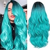 PORSMEER Ombre Schwarz Cyan Lang Locken Perrucke für Frauen,Natürliche Teal Cyan Synthetische Haar...