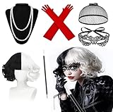 Gcffom 6-teiliges Cruella Kostüm Damen, Cruella Perücke mit Spitze Maske, Perückenmütze,...