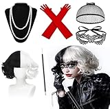 Gcffom 6-teiliges Cruella Kostüm Damen, Cruella Perücke mit Spitze Maske, Perückenmütze,...