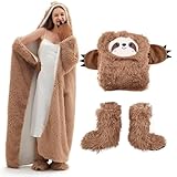 Faultier Decke mit Ärmeln und Hüttenschuhe - Faultier Geschenk für Frauen, Sherpa Fleece...
