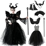 Raveparty Maleficent Kostüm Kinder, Halloween Kostüm Maleficent Mädchen mit Maleficent Hörner,...