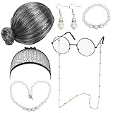 LOPOTIN 7TLG Oma Perücke Kostüm Accessoire Set Oma Brille mit Perlen Armband Perlenkette Cosplay...