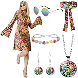 Sealilac Hippie Kostüm Damen, Hippie Kleid, Schlagermove Outfit Damen mit Hippie Brille Haarband...