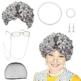 Oma Perücke Grauer Old Lady Kostüm Großmutter Cosplay Zubehör Set Zubehör mit Locken Oma...