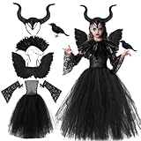 Malefi-nt Kostüm Mädchen, 6tlg Mädchen Böse Königin Kleid Set mit Hörner Kopfschmuck, Flügel,...