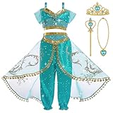 BSBUY Jasmin Prinzessin Kostüm Mädchen mit Oberteil, Hose, Halskette, Brosche, Krone und Zepter -...