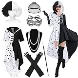 HIQE-FL Cruella Kostüm Damen,Cruella Deville Kostüm,Halloween Kostüm Damen,Schwarzer und Weißer...