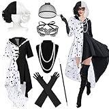 HIQE-FL Cruella Kostüm Damen,Cruella Deville Kostüm,Halloween Kostüm Damen,Schwarzer und Weißer...