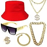 Gionforsy Hip Hop Kostüm Zubehör Set Kit 6 Stück mit Bucket Hut Sonnenbrille Goldkette Armband...