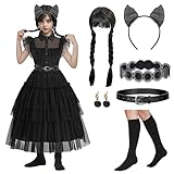 WILDPARTY Wednesd Adam Kostüm Damen, Mittwochs Kleid Katzenohr-Stirnband, Gürtel, Hüftgurt,...