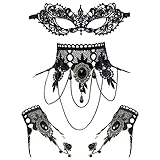 JewelryWe Schmuck 4 PCS Maske Halskette Armbänder Set Schwarz Sexy Venezianische Spitze Augenmaske...