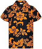 King Kameha Funky-Hawaii-Hemd, Herren, Kurzarm, Hibiscus, Schwarz-Orange, S