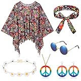 HICARER 6 Stück Hippie Kostüm Set inklusive Hippie Poncho Frieden Zeichen Halskette Ohrringe 60er...