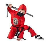 Udekit Rotes Ninja Kostüm mit Kapuze, Hose, Bändern und Spielzeug Schwert für Kinder Halloween...