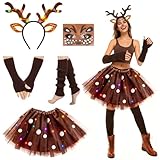 GEVECORI Reh Kostüm Damen, Karneval Kostüm mit LED Brauner Tüllrock, Rentier Haarreif Reh...