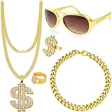 Lunriwis 5 Stück Hip Hop Kostüm Kit, 80/90er Rapper Zubehör Goldring Sonnenbrille, Herren Hip Hop...