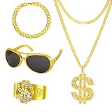 RosewineC Rapper Kette,Hip Hop Ketten,Hip Hop Dollar Ring,Hip Hop Kostüm Kit Sonnenbrille Gold...