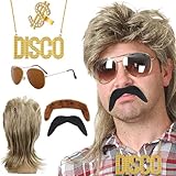 BDSHUNBF Vokuhila Perücke 70er 80er Blond Mullet Perücke Herren Lang mit Sonnenbrille Halskette...