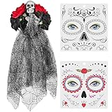 Balinco Dia de los Muertos Kostüm Set Damen, Tag der Toten Haarreif mit Totenkopf, Rosen, Schleier...