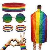 HAKOTOM 5Tlg Gay Pride Accessoire Regenbogen Umhang Regenbogenstirnband LGBT Rainbow Gay Pride Set...