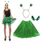 Alien-Kostüme für Damen, Außerirdische Brille mit Antennen-Stirnband und Paillettenrock, Zubehör...