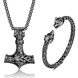 JeweBella Thors Hammer Halskette Wikinger Wolfskopf Armbänder Set für Herren Männer Mjolnir...