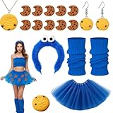 BrKern Monster Kostüm Damen, Cookie T-Shirt Haarreif Kekse Halskette Tüllrock Blau Mo nster Tasche...