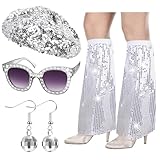 HOWAF 4 Disco Accessoires 70er Jahre Kostüm Glitzer Baskenmütze Disco Hut Pailletten Stulpen Disco...