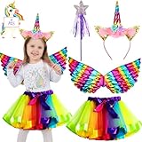MOYKSRR Einhorn Kostüm Prinzessin Set, 4 Stück Einhorn Kostüm Kinder, Einhorn Haarreif Flügel...