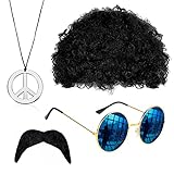 VIKSAUN Hippie Kostüm Set, Mode Afro Perücke, Sonnenbrille, Frieden Zeichen Halskette,...
